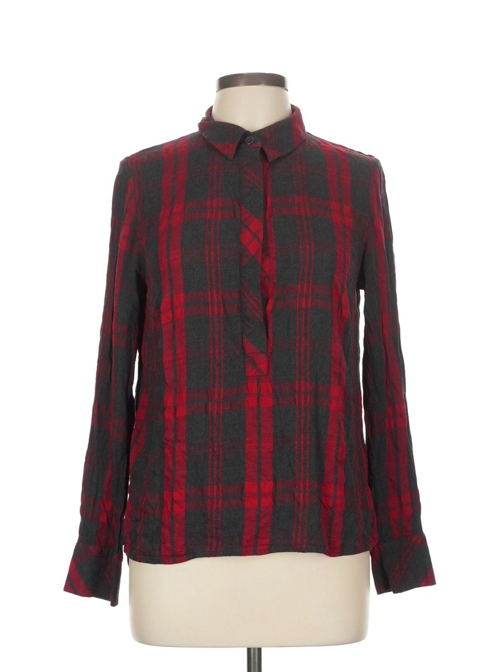 CAbi Red and Black Plaid collared long sleeve Button-Front Blouse Size M